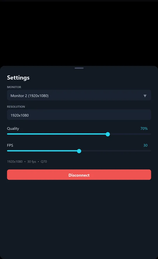 extraDisp settings sheet with monitor, resolution, quality and FPS