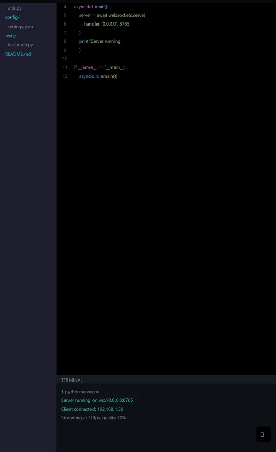 A Windows code editor streamed to the Android device